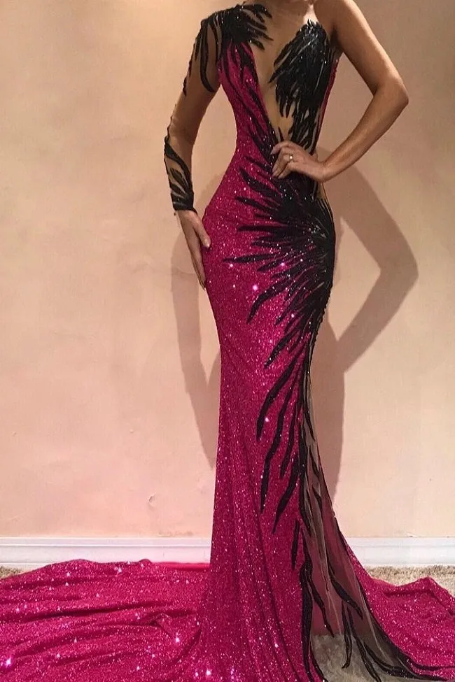 Mermaid Transparent Round Collar Chapel One-shoulder Long Sleeve  Backless Paillette Prom Dress