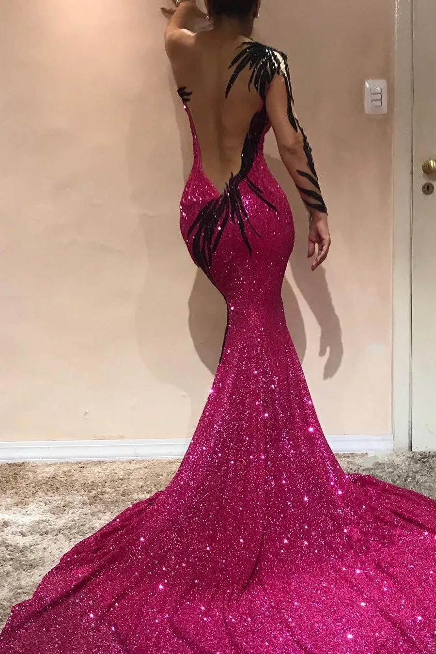 Mermaid Transparent Round Collar Chapel One-shoulder Long Sleeve  Backless Paillette Prom Dress