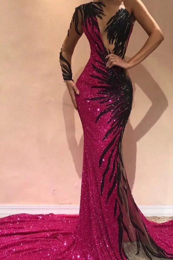 Mermaid Transparent Round Collar Chapel One-shoulder Long Sleeve  Backless Paillette Prom Dress