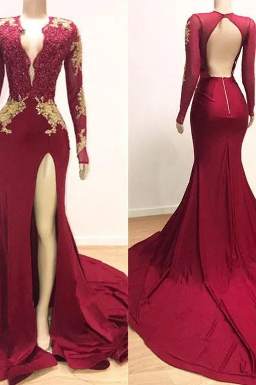Mermaid Transparent Round Collar Court Front Slit Backless Chiffon Applique Embroidery Prom Dress