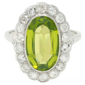Mid-Century 5.35 CTW Peridot Diamond Platinum 14K White Gold Vintage Halo Ring