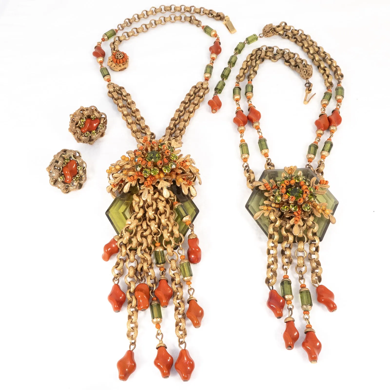 Miriam Haskell Coral Glass and Green Lucite Chain Necklace