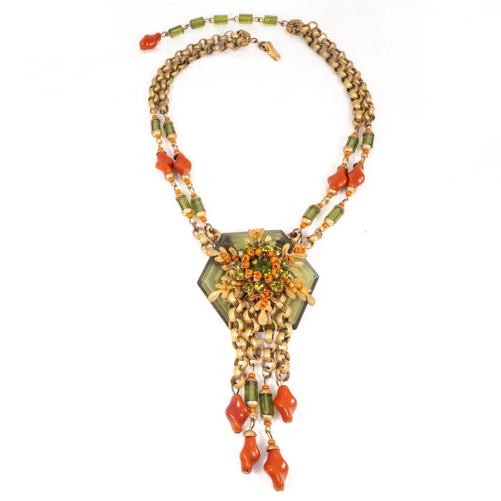 Miriam Haskell Coral Glass and Green Lucite Chain Necklace