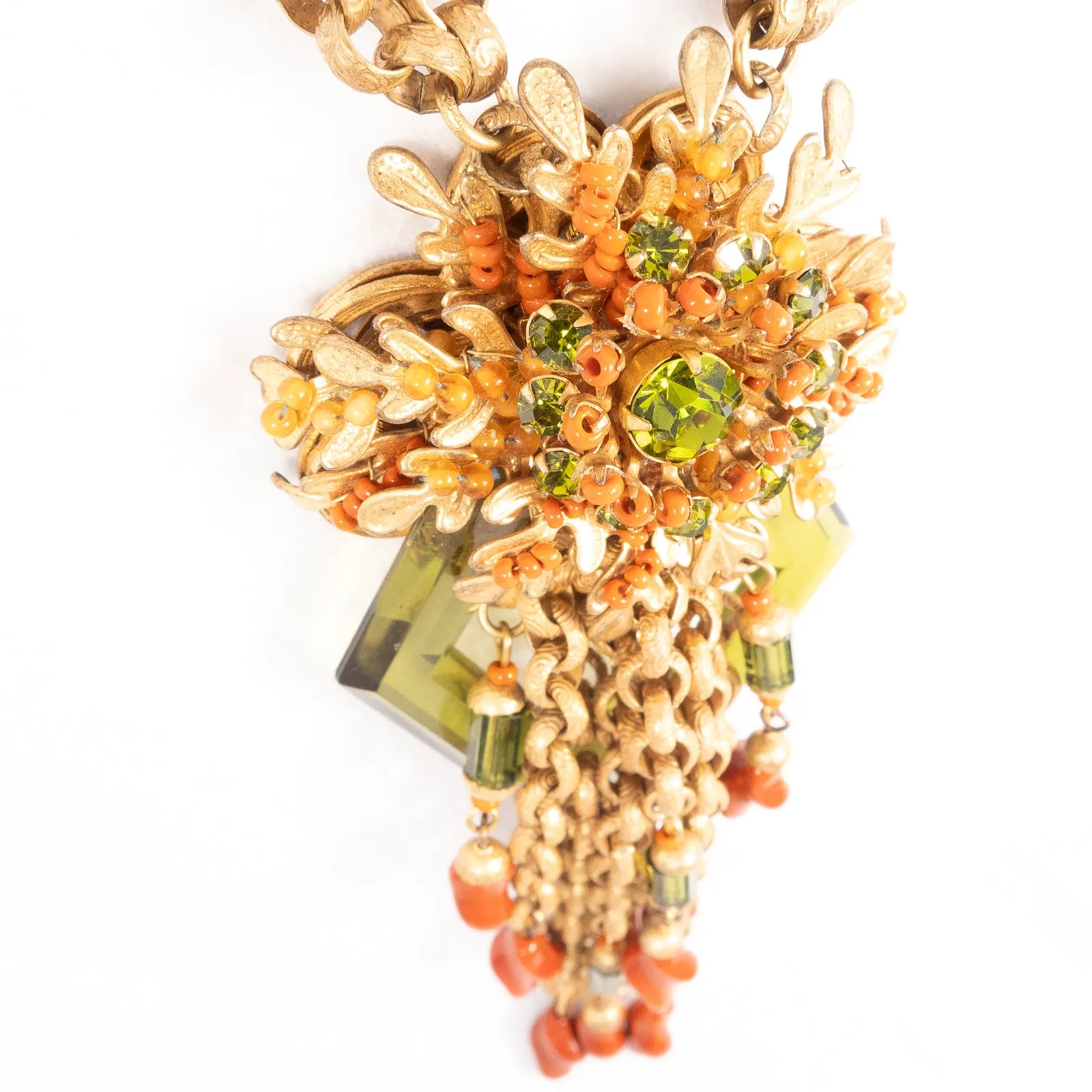 Miriam Haskell Coral Glass and Green Lucite Necklace Large