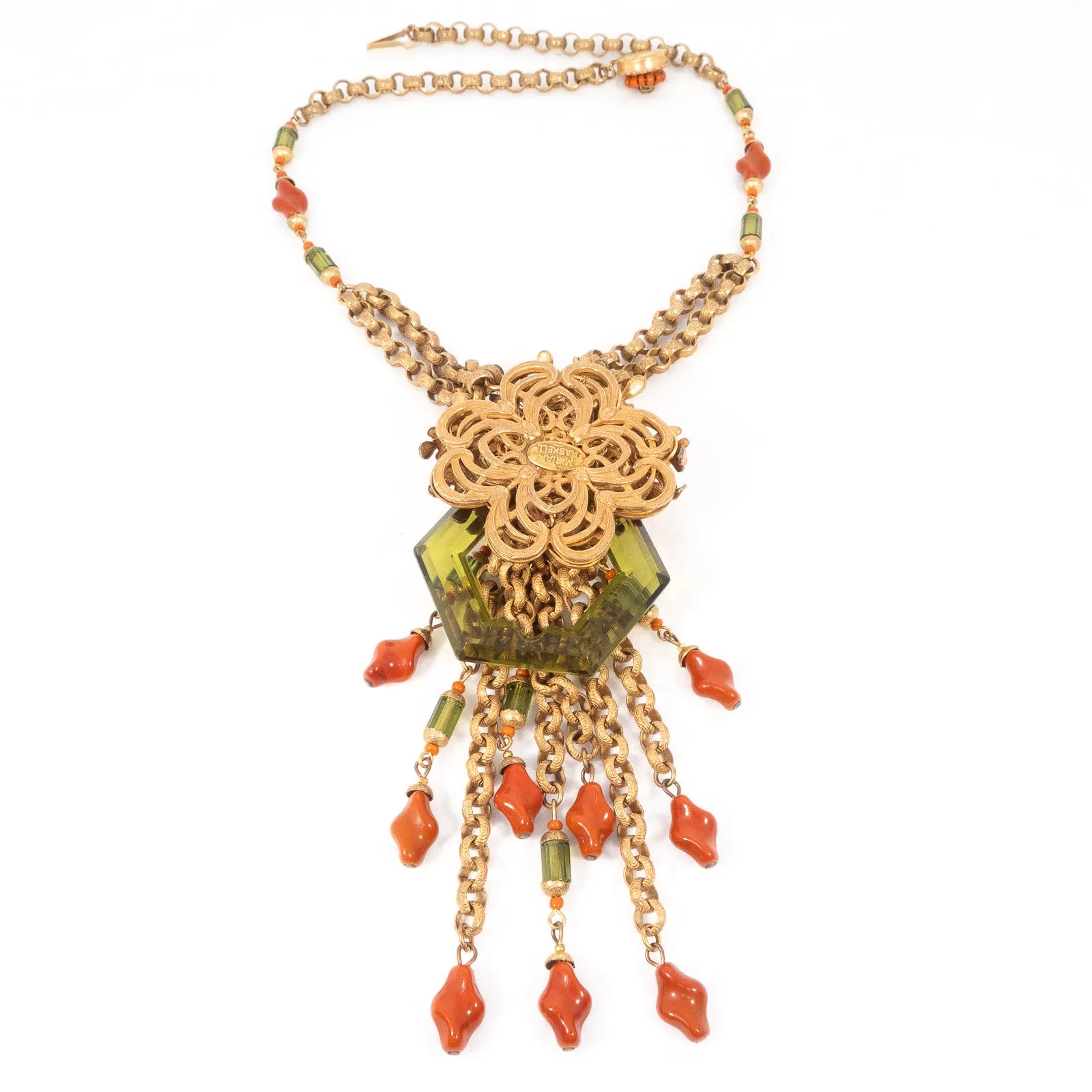 Miriam Haskell Coral Glass and Green Lucite Necklace Large