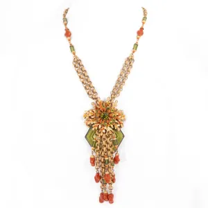 Miriam Haskell Coral Glass and Green Lucite Necklace Large