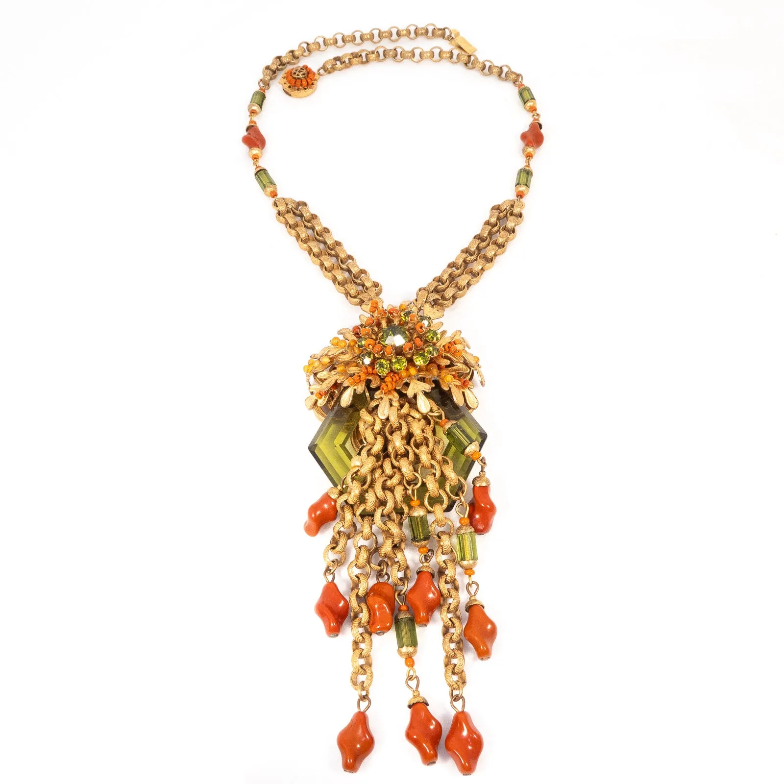 Miriam Haskell Coral Glass and Green Lucite Necklace Large