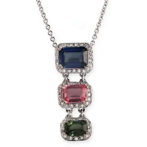 Multicolor Gems And Diamond Triple Dangling Pendant Necklace, 18k White Gold