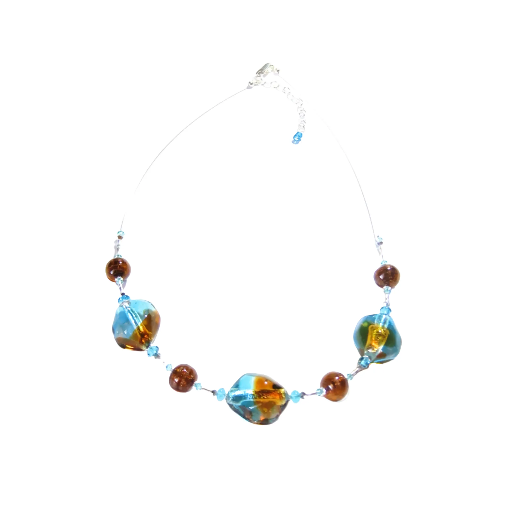 Murano Glass Aqua Topaz Nugget Sterling Silver Necklace, Italian Glass Jewelry