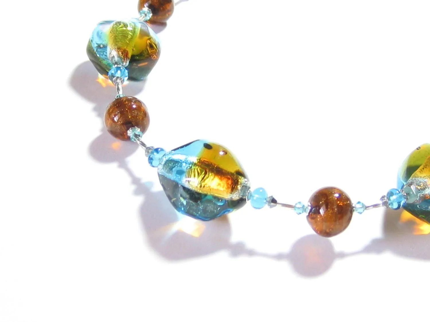 Murano Glass Aqua Topaz Nugget Sterling Silver Necklace, Italian Glass Jewelry