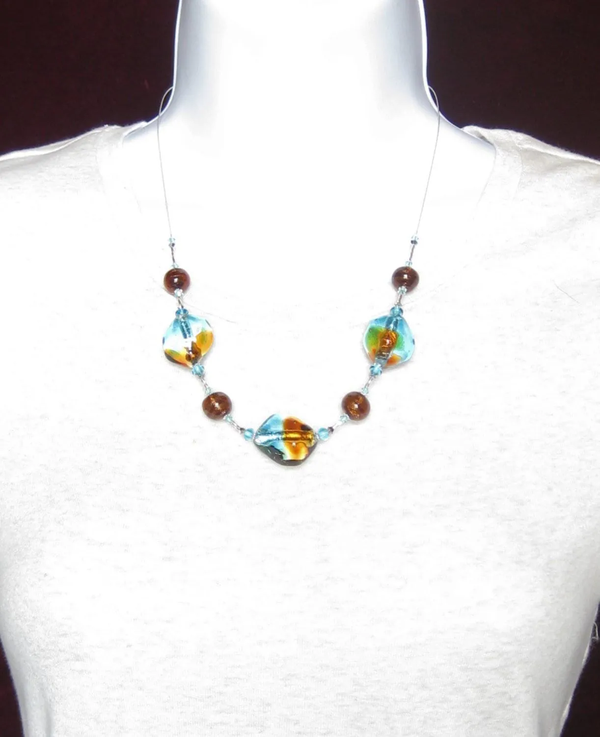 Murano Glass Aqua Topaz Nugget Sterling Silver Necklace, Italian Glass Jewelry