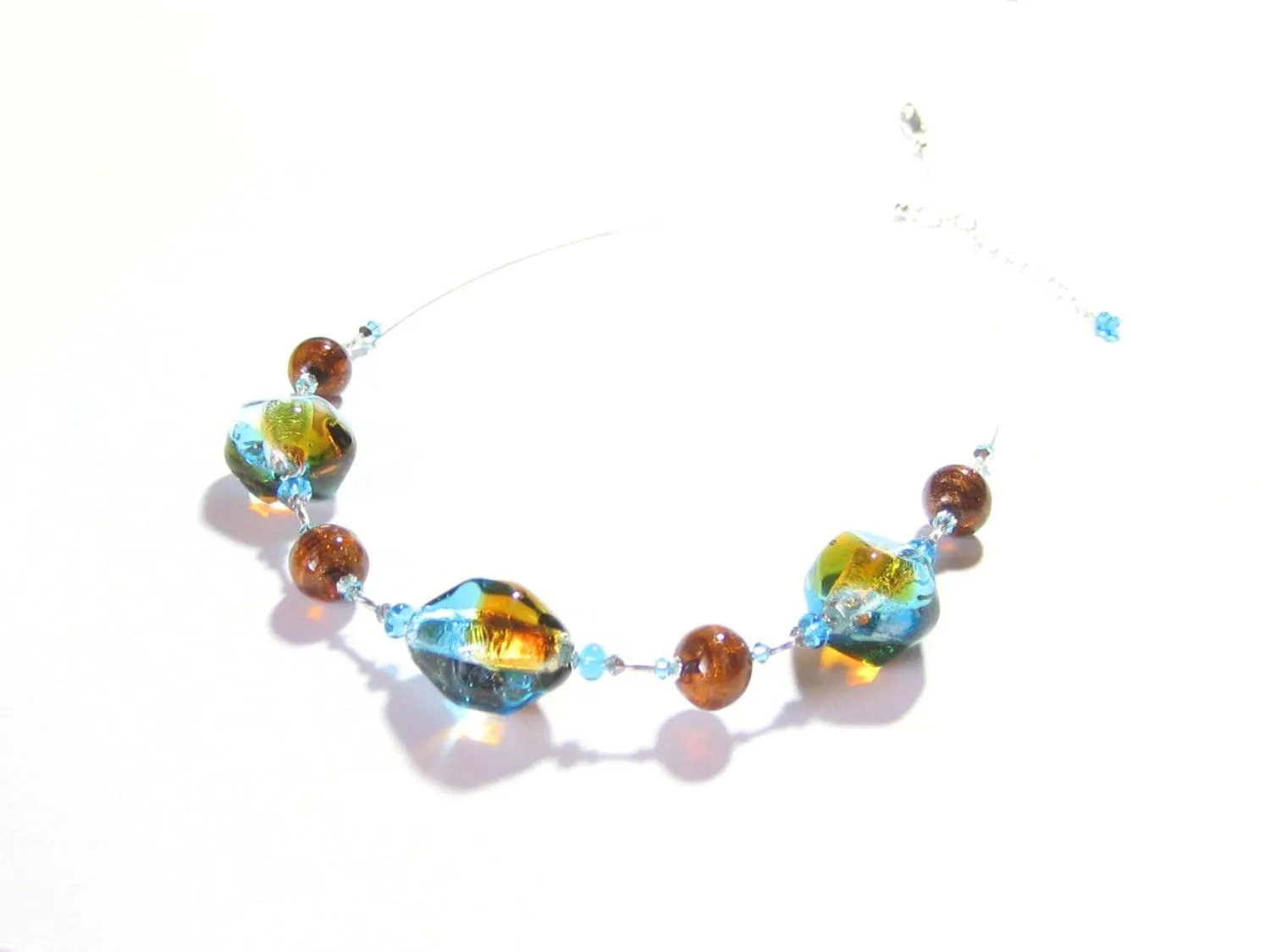 Murano Glass Aqua Topaz Nugget Sterling Silver Necklace, Italian Glass Jewelry