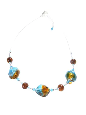 Murano Glass Aqua Topaz Nugget Sterling Silver Necklace, Italian Glass Jewelry