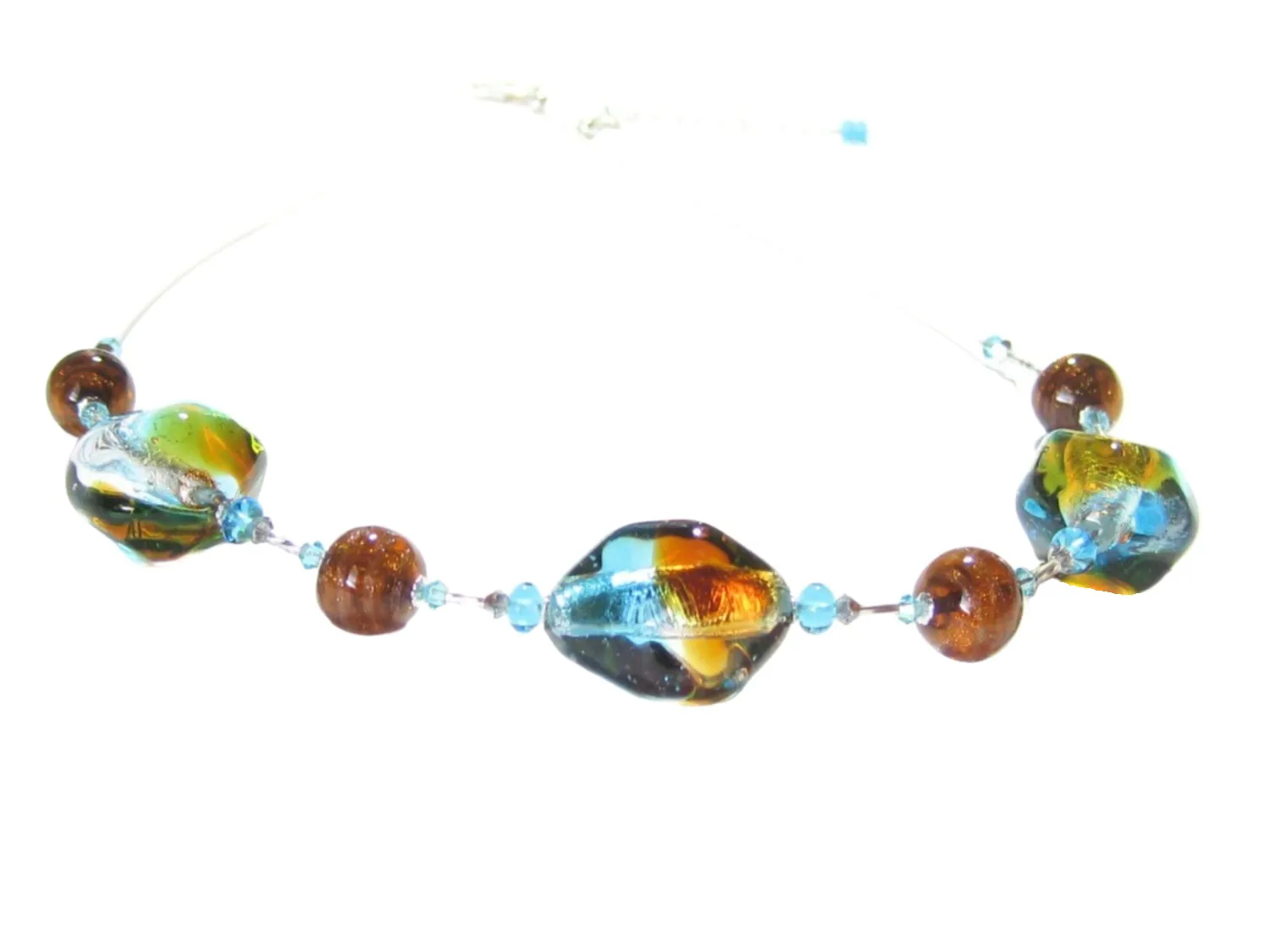 Murano Glass Aqua Topaz Nugget Sterling Silver Necklace, Italian Glass Jewelry