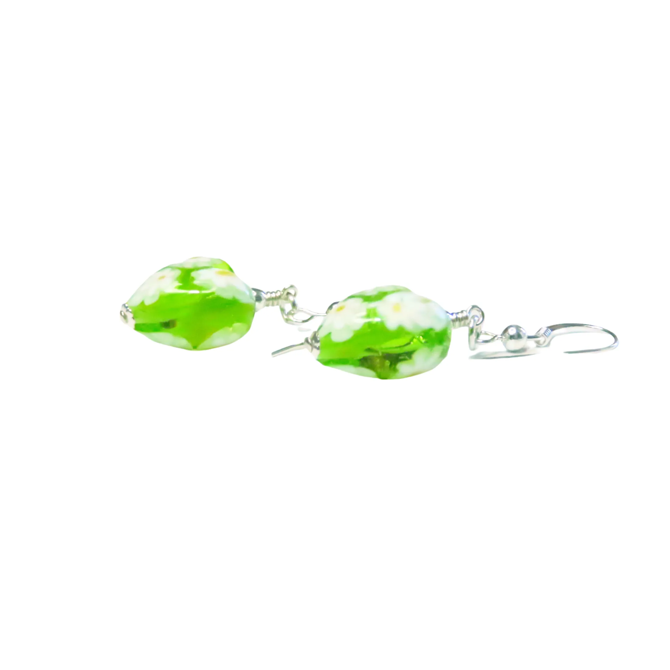 Murano Glass Green Millefiori Heart Silver Earrings