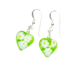 Murano Glass Green Millefiori Heart Silver Earrings