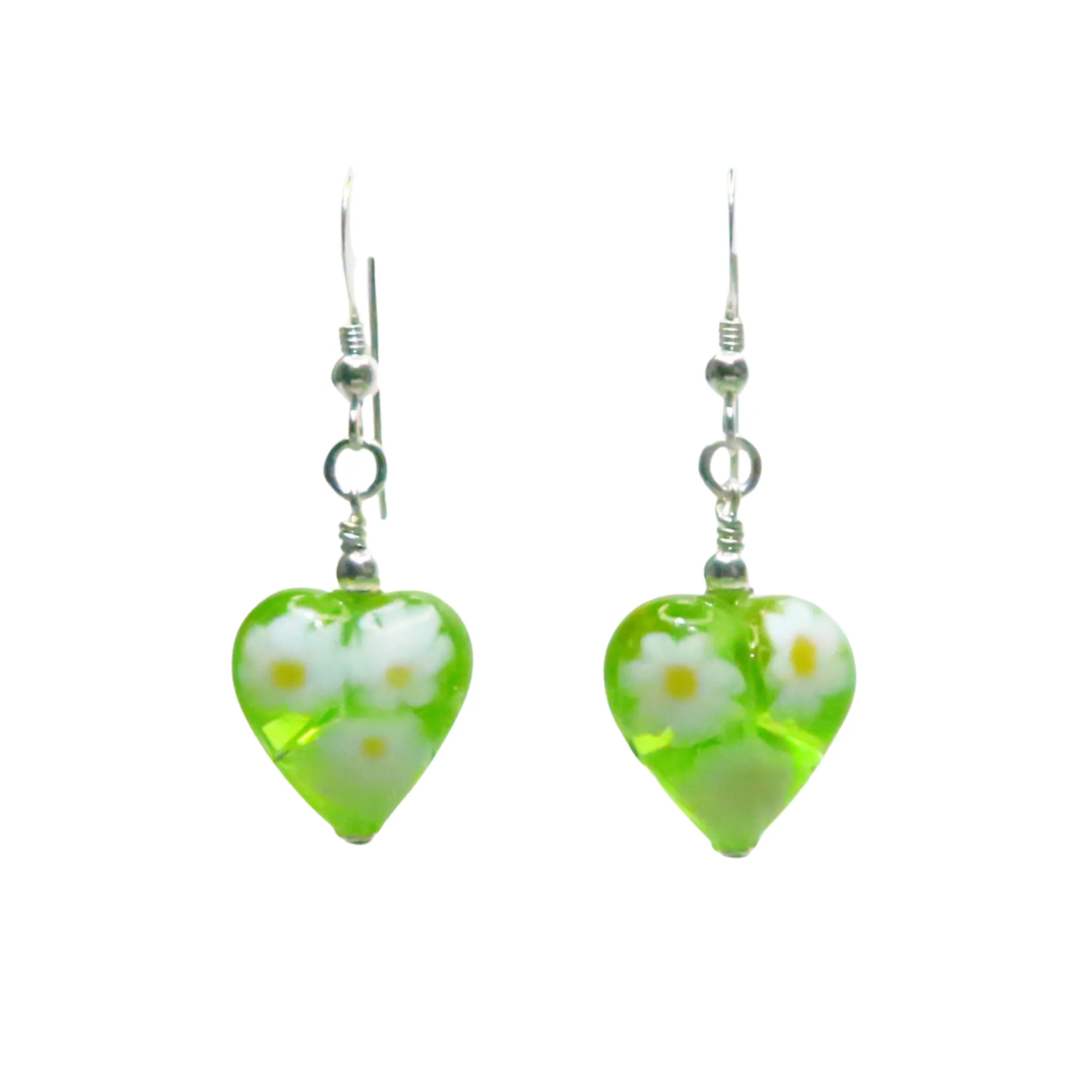 Murano Glass Green Millefiori Heart Silver Earrings