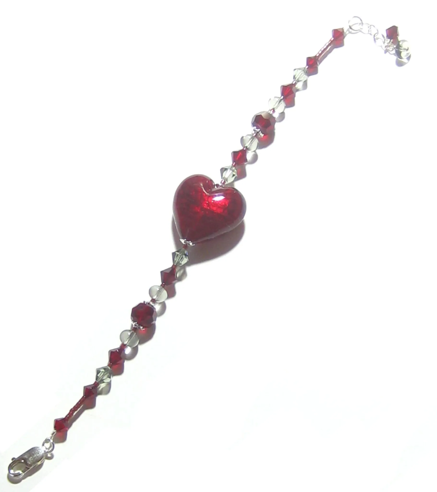 Murano Glass Red Heart Sterling Silver Bracelet with Crystals