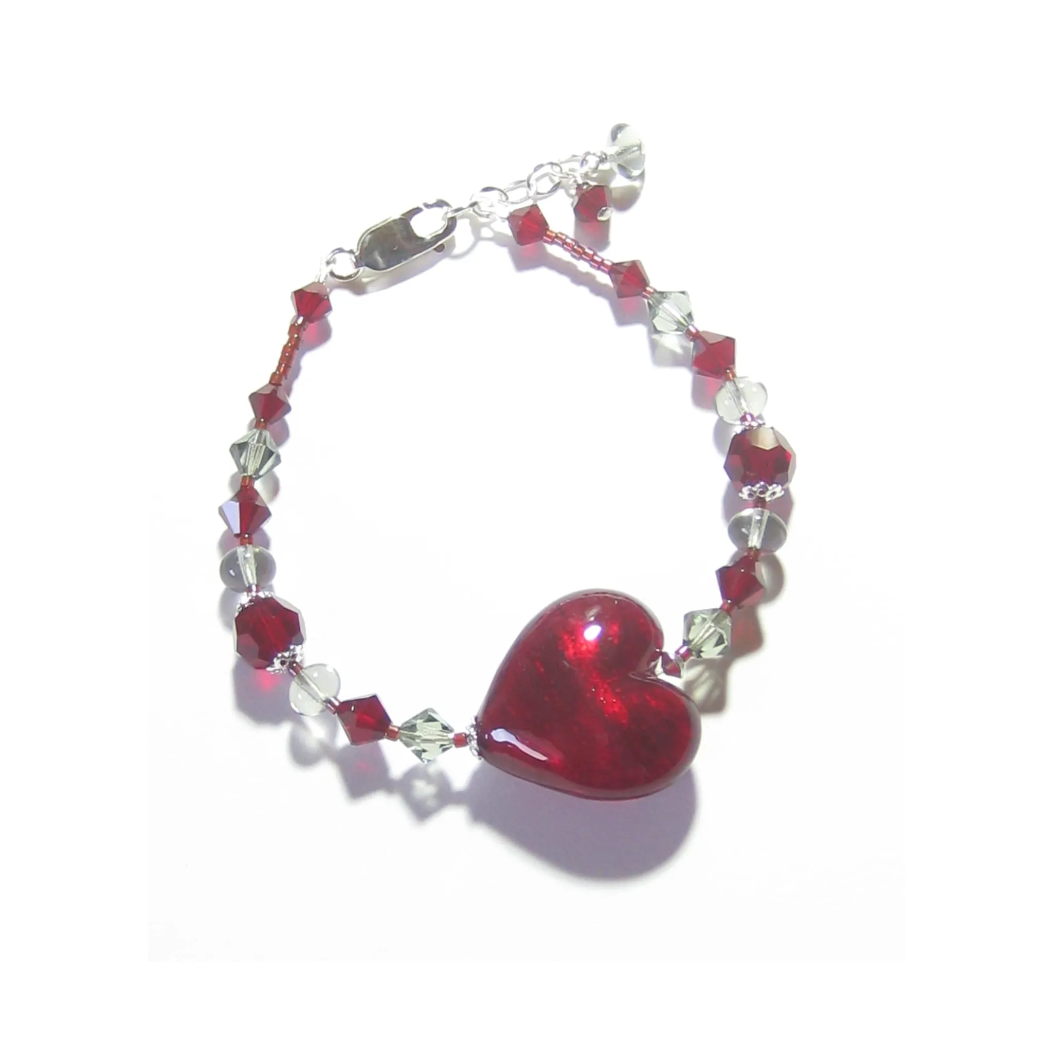 Murano Glass Red Heart Sterling Silver Bracelet with Crystals
