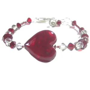 Murano Glass Red Heart Sterling Silver Bracelet with Crystals