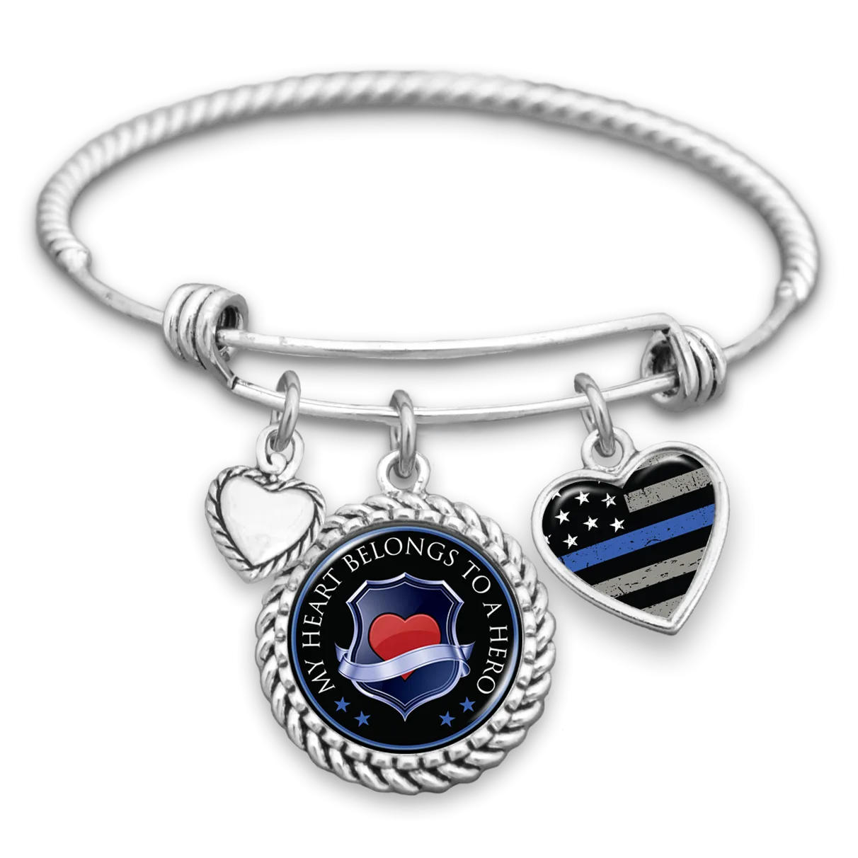 My Heart Belongs To A Hero Shield Thin Blue Line Charm Bracelet
