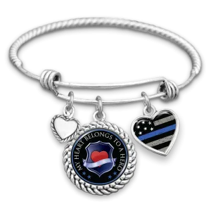 My Heart Belongs To A Hero Shield Thin Blue Line Charm Bracelet