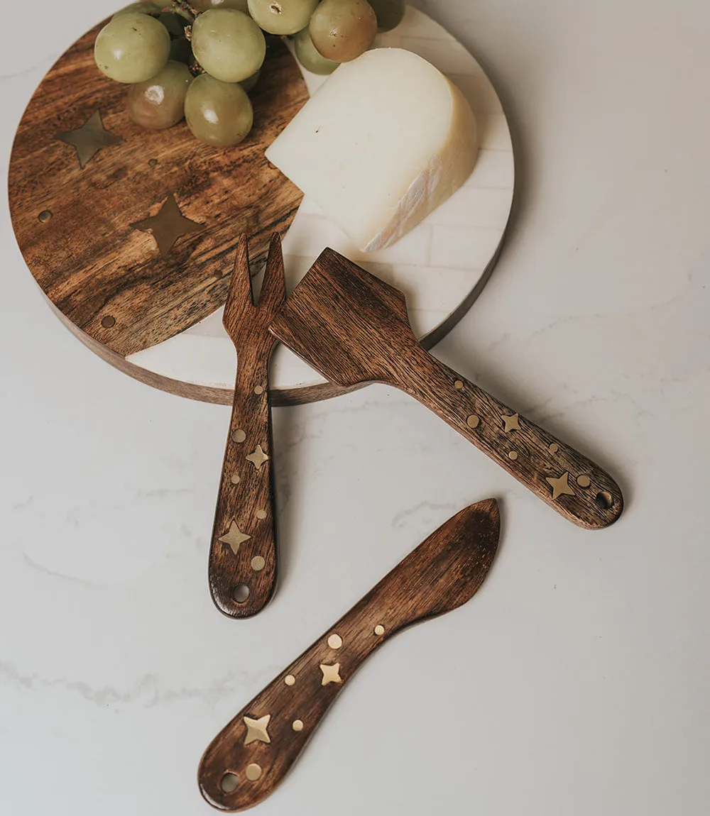Nakshatra Stars Cheese Knives Set of 3 - Wood, Brass Inlay