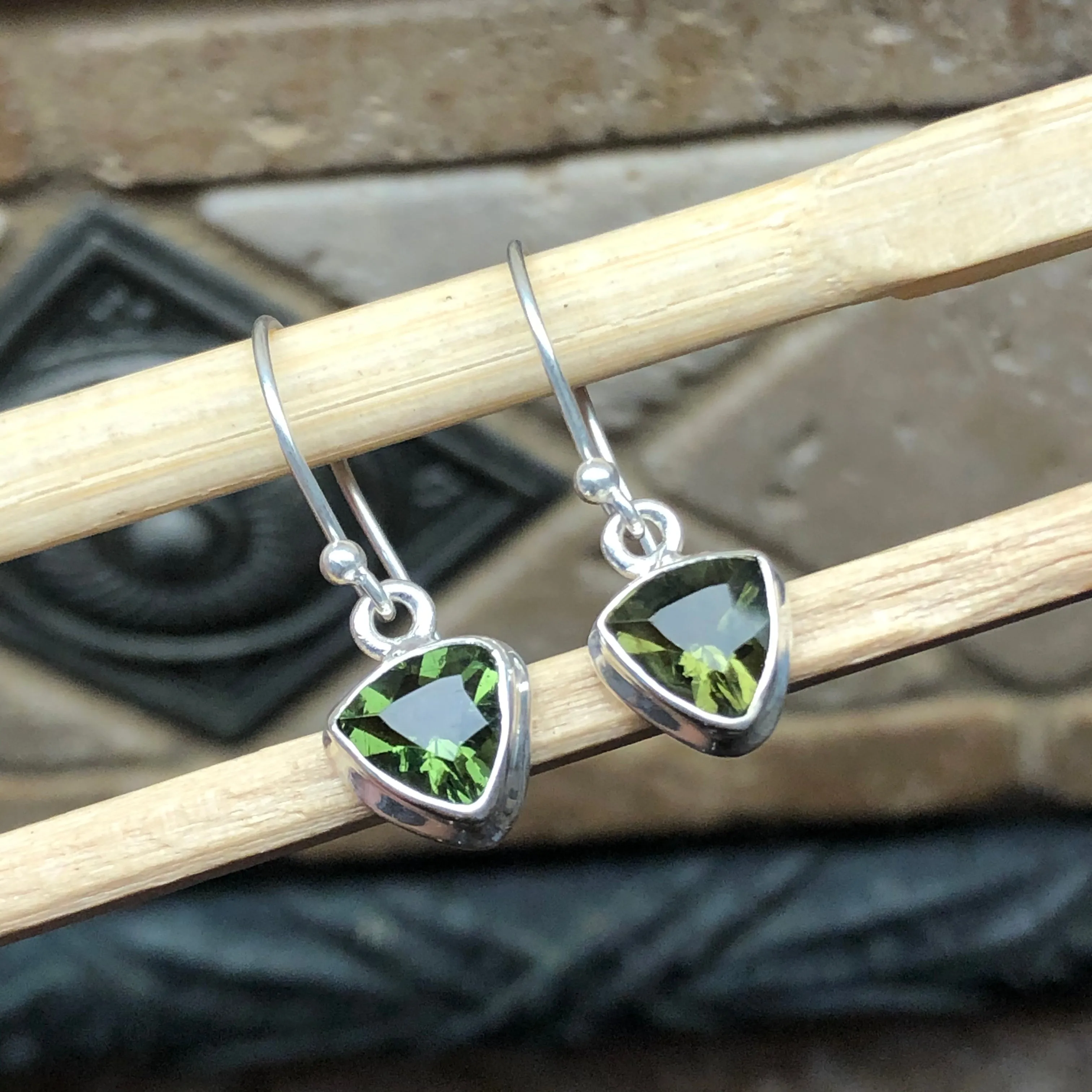 Natural Green Moldavite 925 Solid Sterling Silver Earrings 25mm