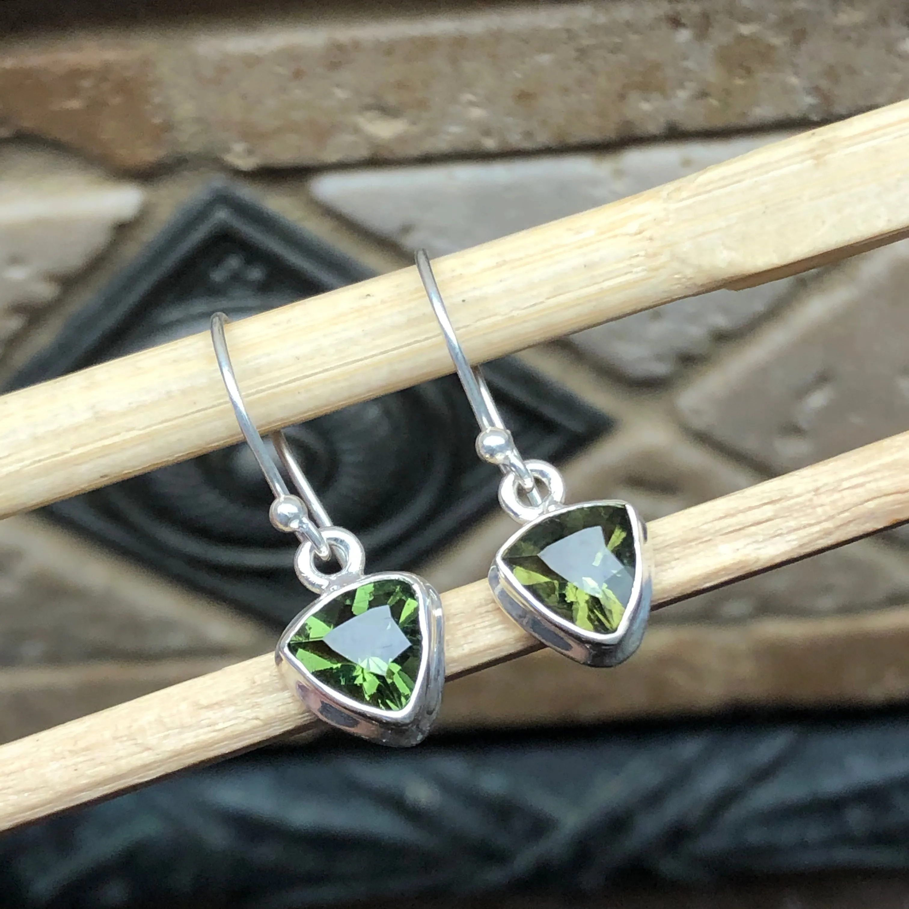 Natural Green Moldavite 925 Solid Sterling Silver Earrings 25mm