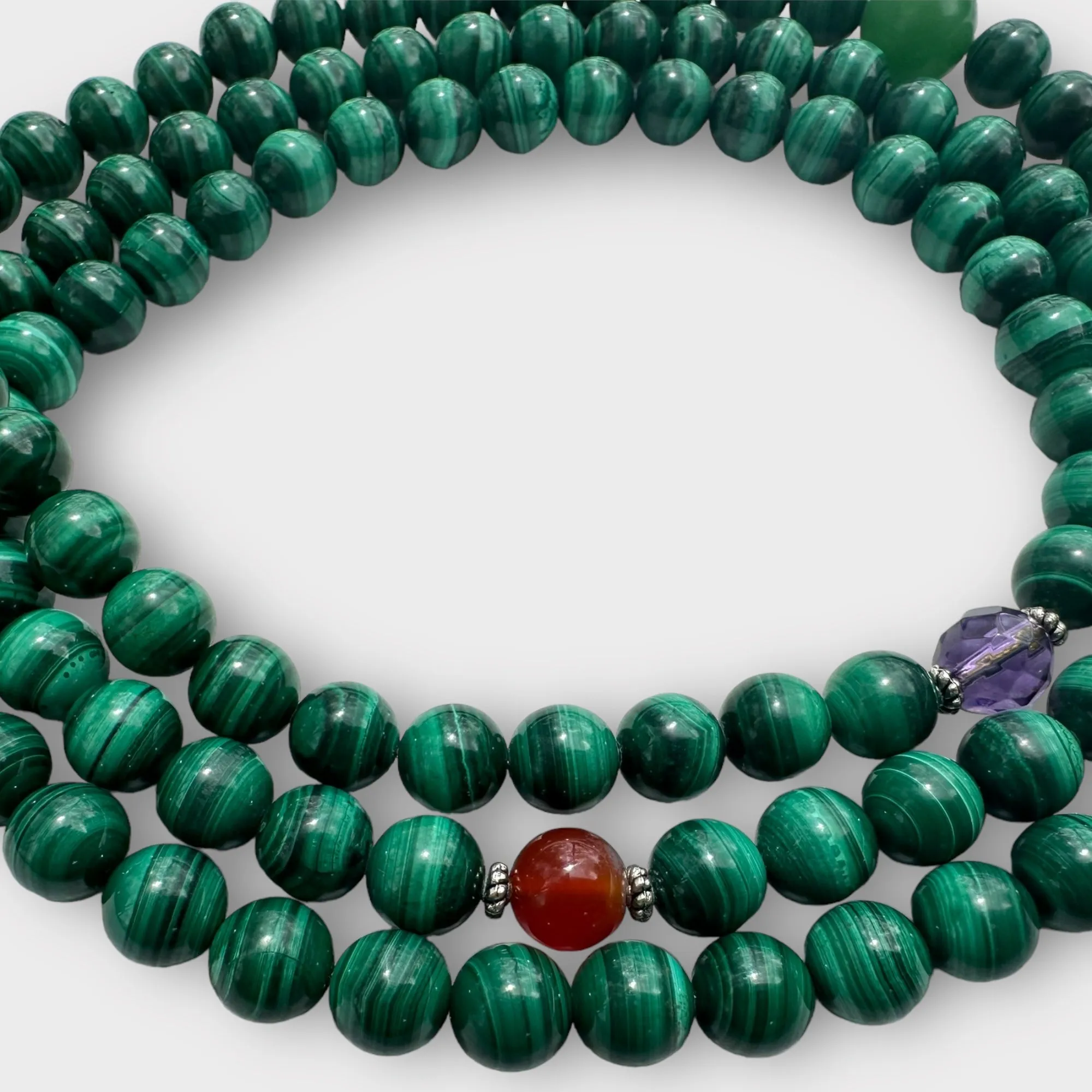 Natural Malachite Mala with Amethyst and Carnelian Spacers