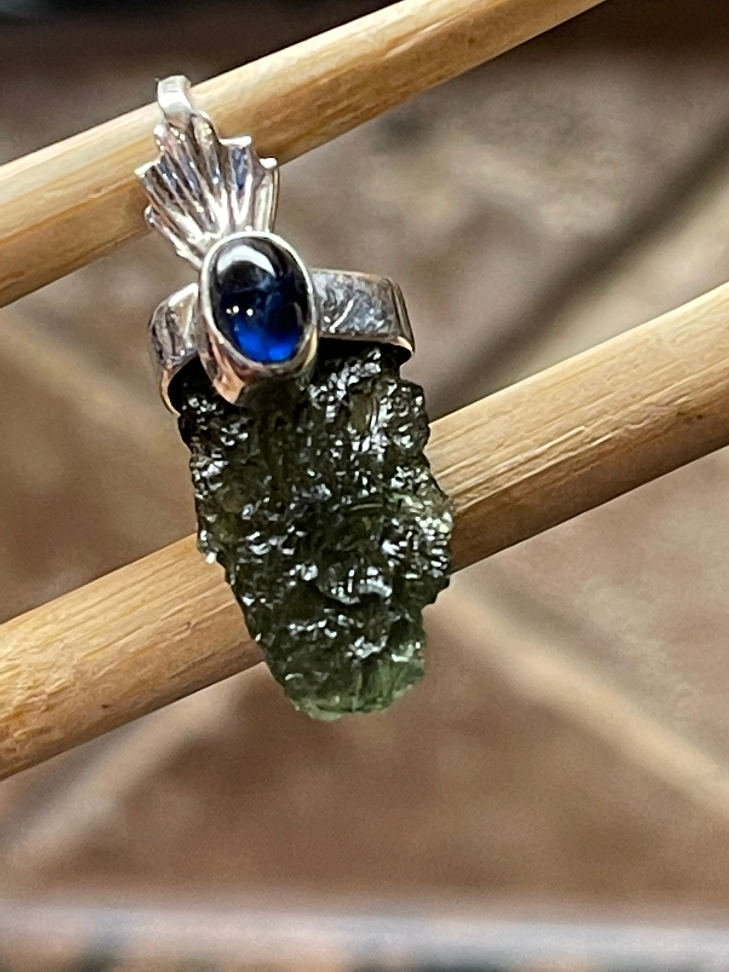 Natural Moldavite, Kyanite 925 Solid Sterling Silver Pendant 35mm