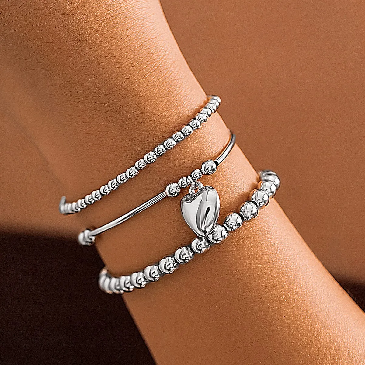 Newly 3pcs Silver Plated Heart Pendant Ball Chain Bracelet Set
