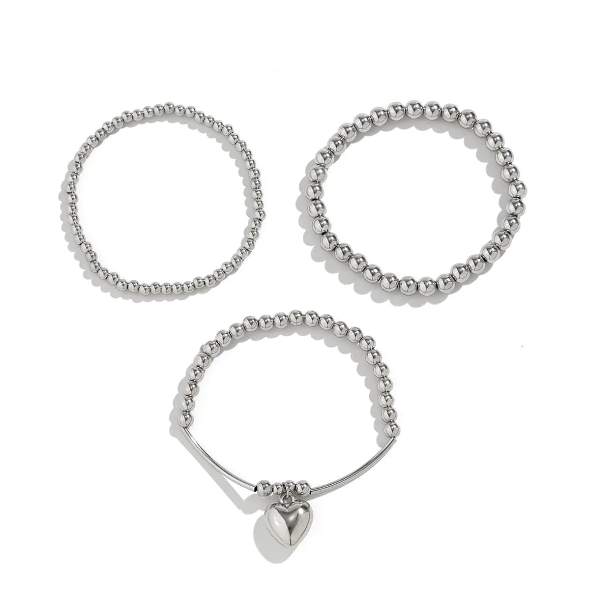Newly 3pcs Silver Plated Heart Pendant Ball Chain Bracelet Set