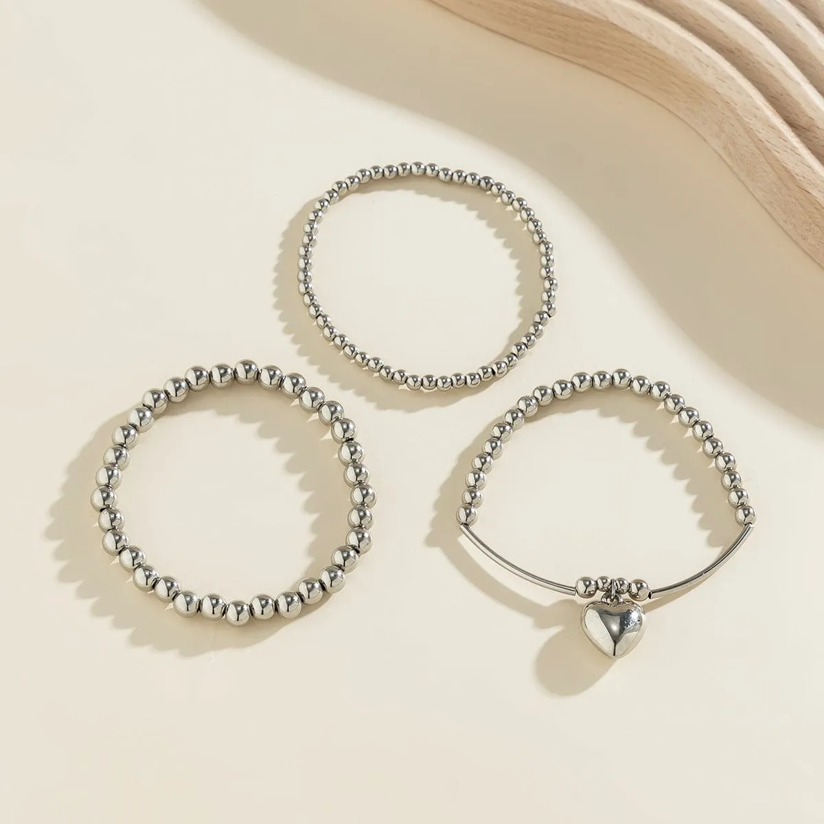 Newly 3pcs Silver Plated Heart Pendant Ball Chain Bracelet Set