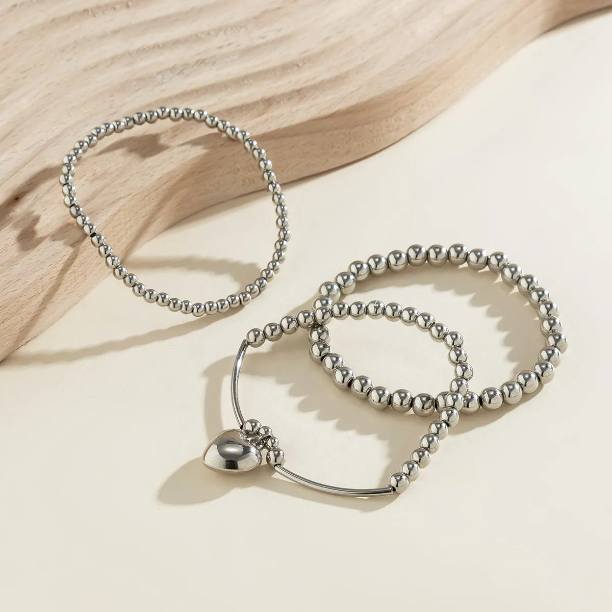 Newly 3pcs Silver Plated Heart Pendant Ball Chain Bracelet Set