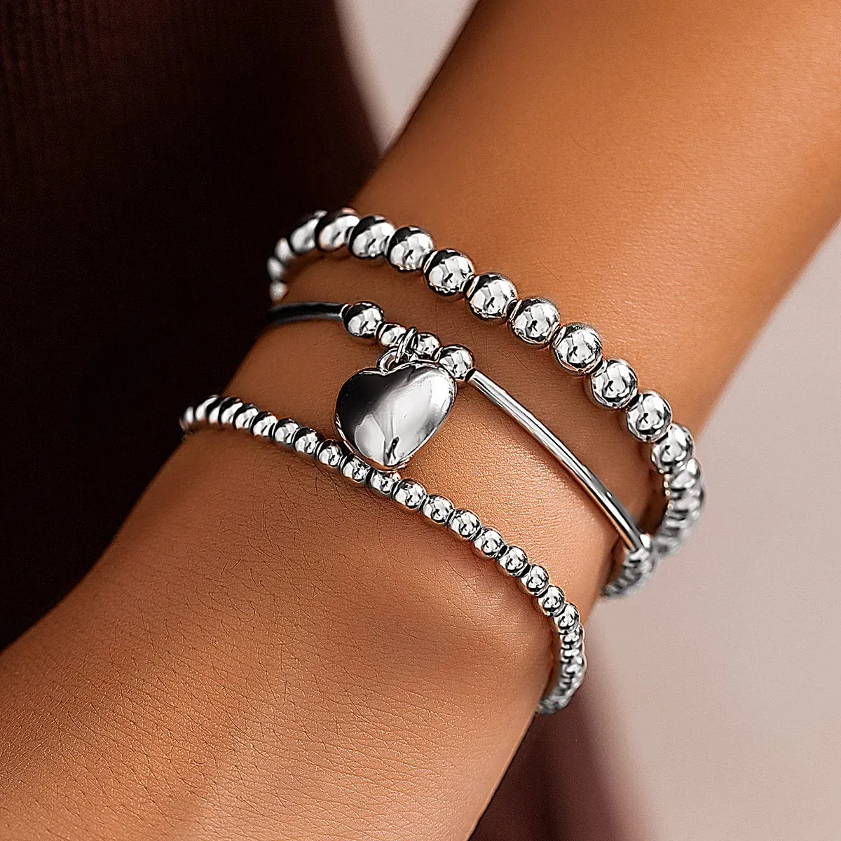 Newly 3pcs Silver Plated Heart Pendant Ball Chain Bracelet Set