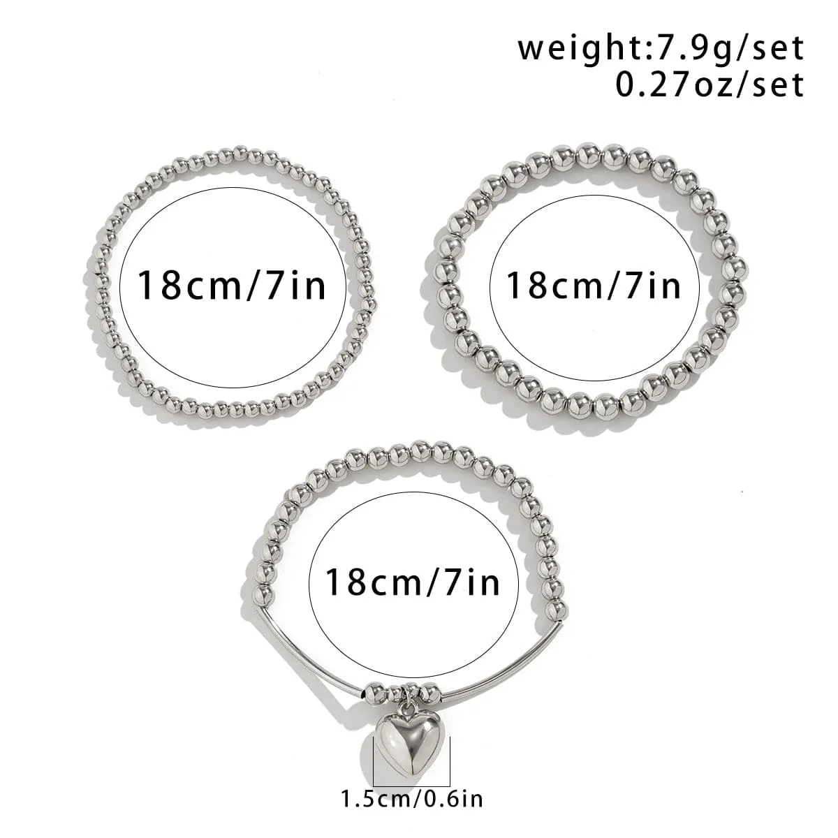 Newly 3pcs Silver Plated Heart Pendant Ball Chain Bracelet Set