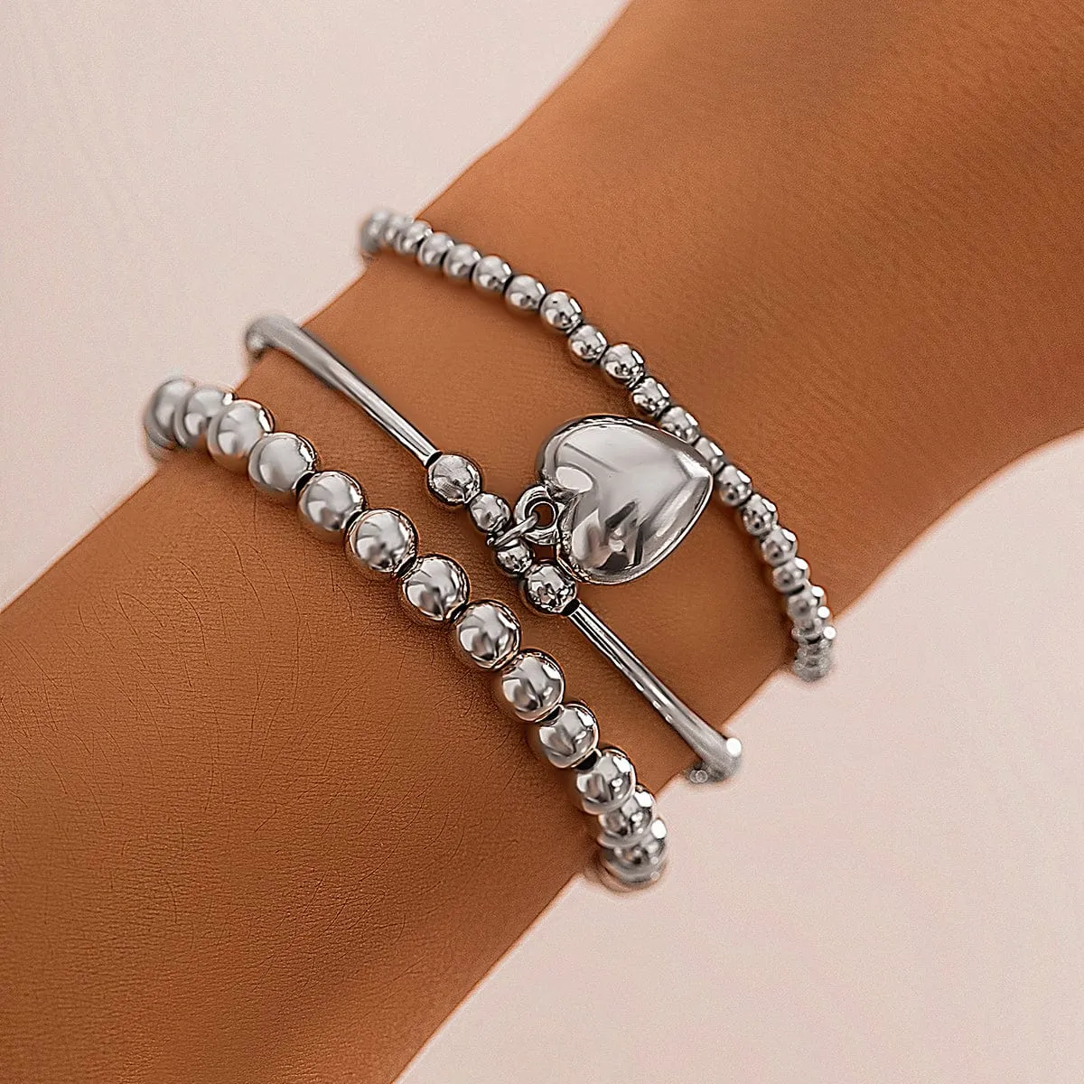 Newly 3pcs Silver Plated Heart Pendant Ball Chain Bracelet Set