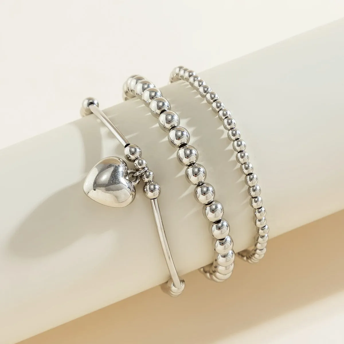 Newly 3pcs Silver Plated Heart Pendant Ball Chain Bracelet Set