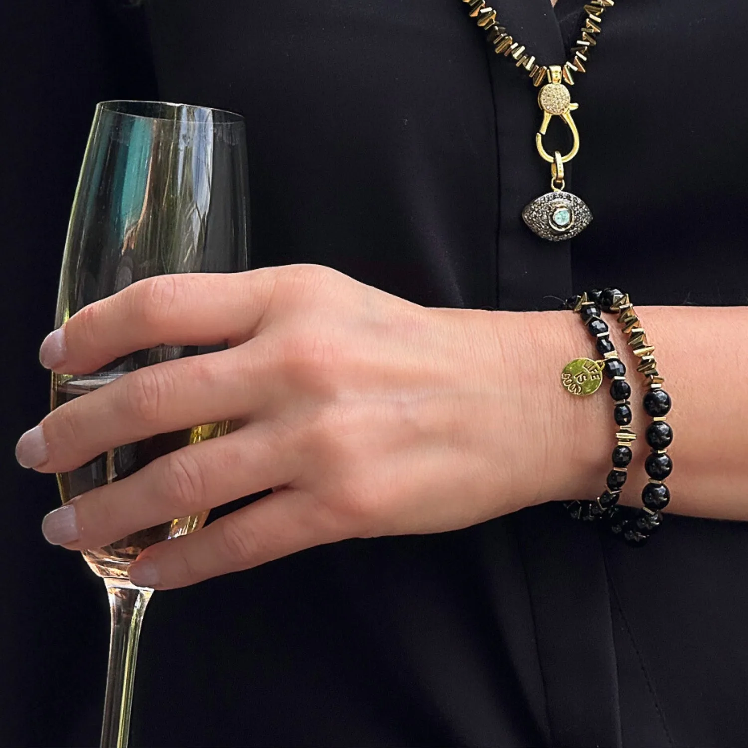Onyx & Hematite Stone Life Is Good Charm Bracelet Set