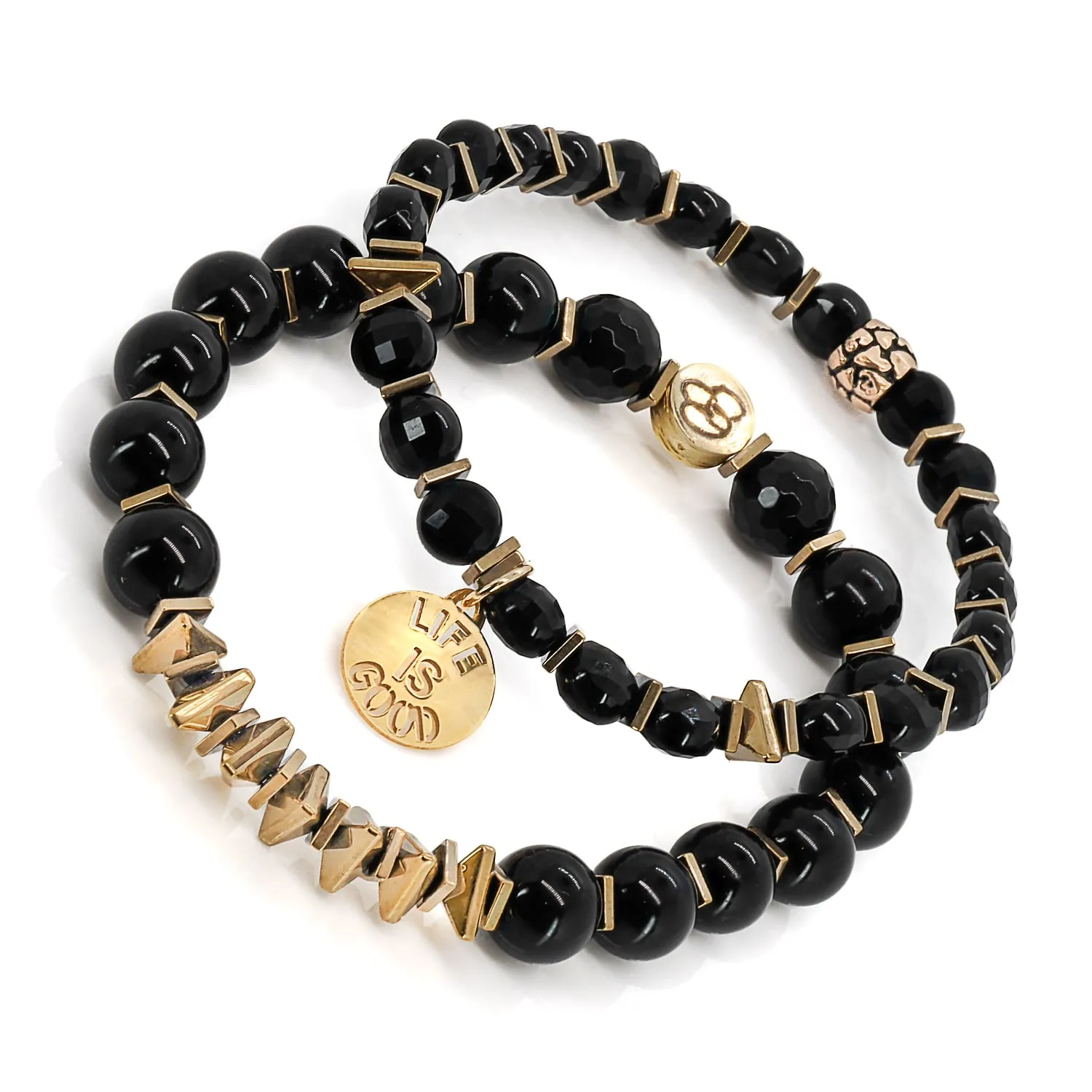 Onyx & Hematite Stone Life Is Good Charm Bracelet Set