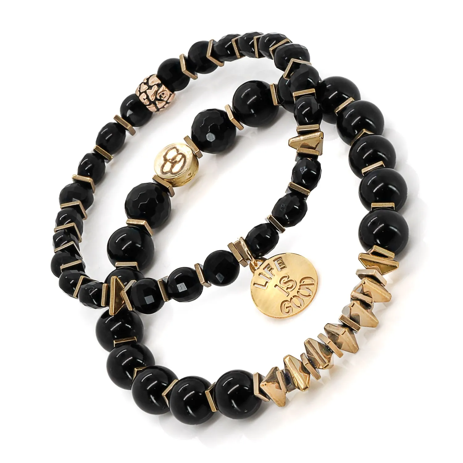 Onyx & Hematite Stone Life Is Good Charm Bracelet Set