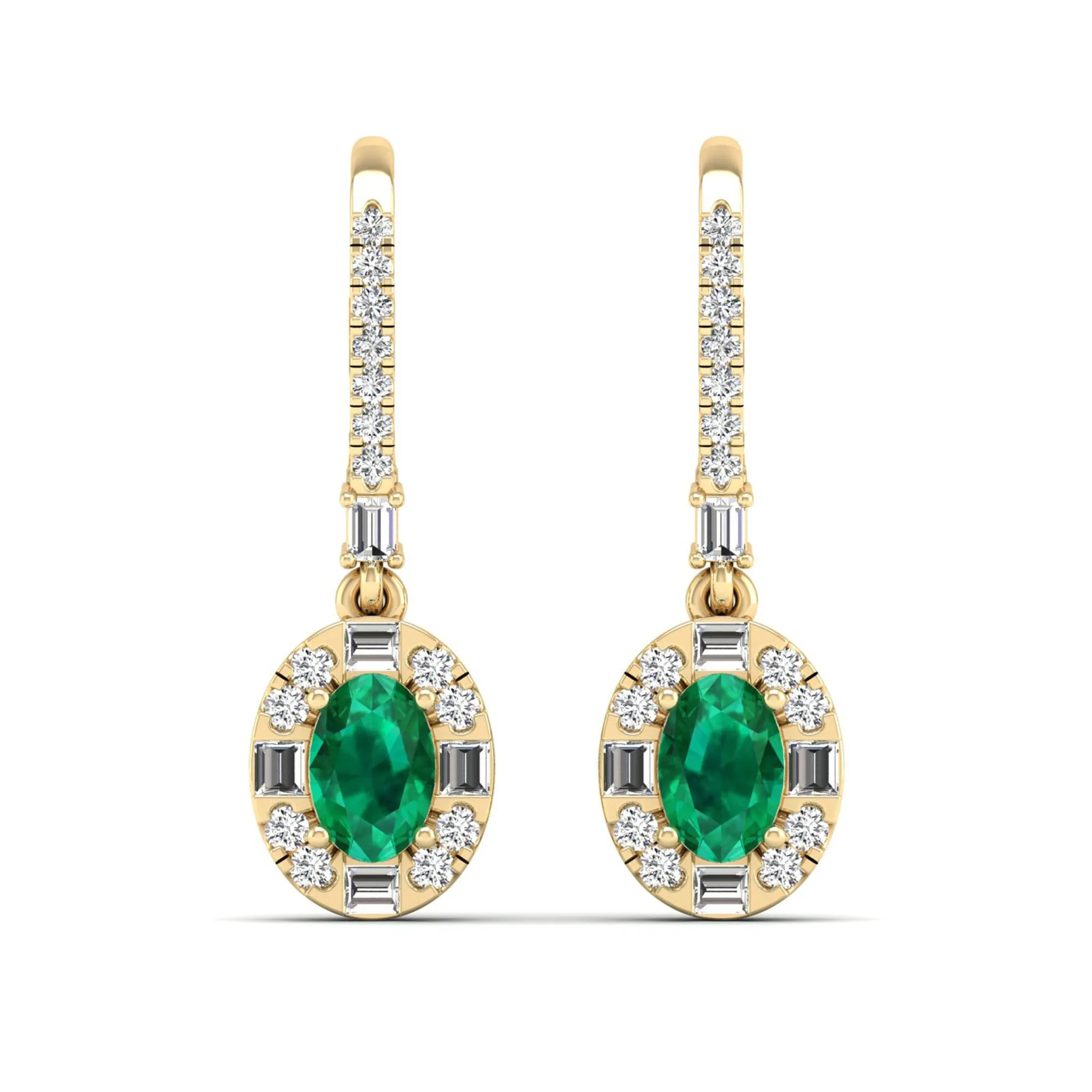 Oval Emerald Halo Baguette and Round Diamond Dangle Earrings