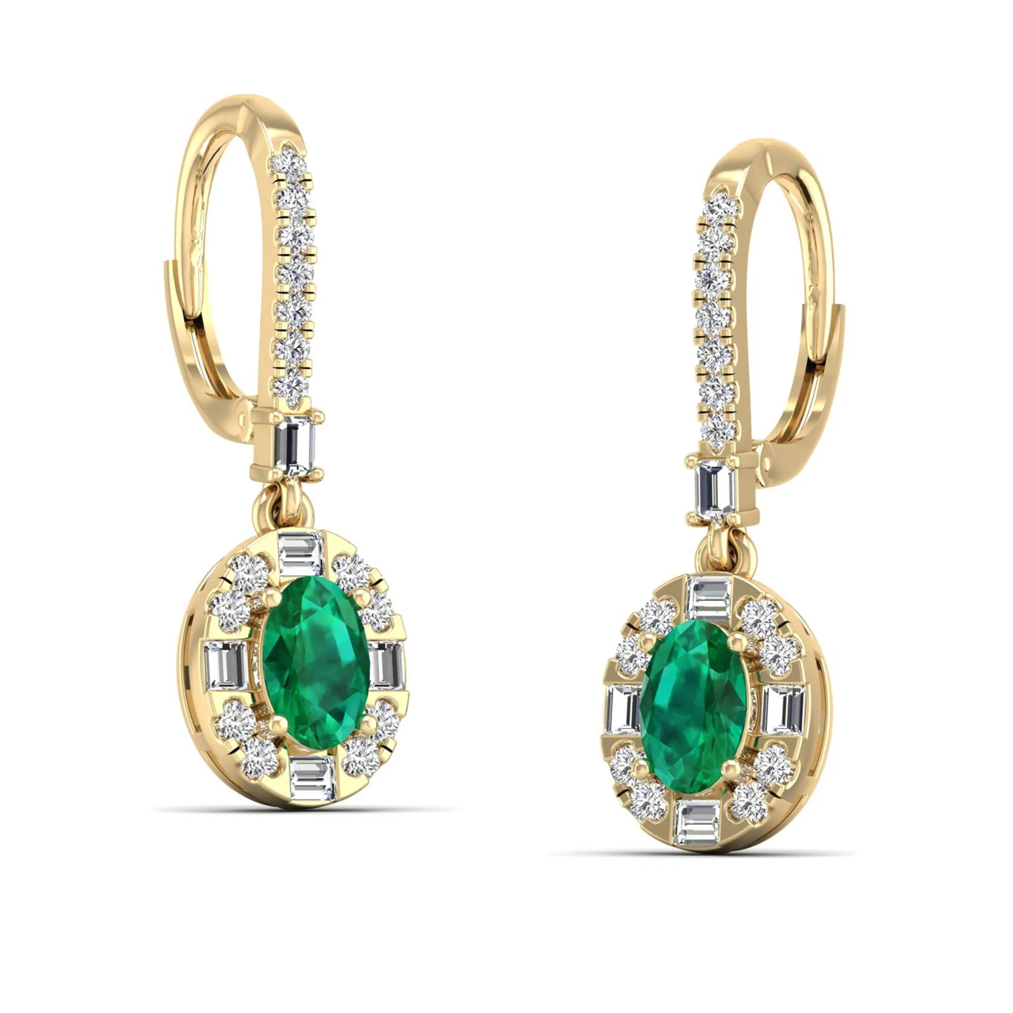 Oval Emerald Halo Baguette and Round Diamond Dangle Earrings