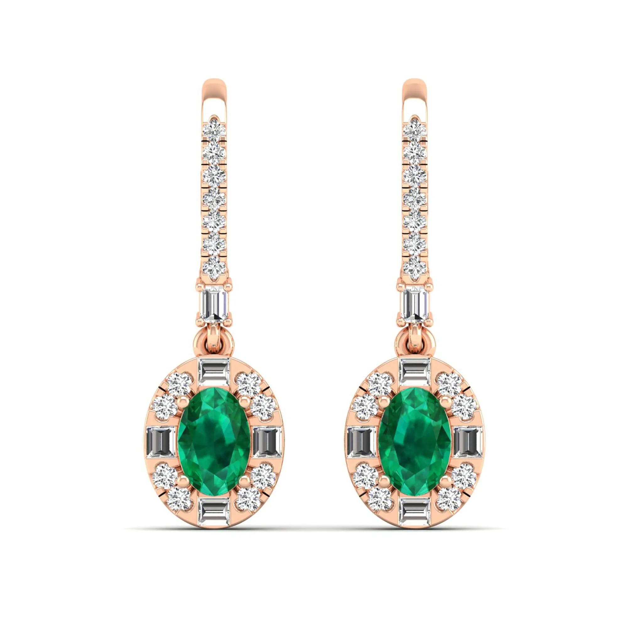 Oval Emerald Halo Baguette and Round Diamond Dangle Earrings