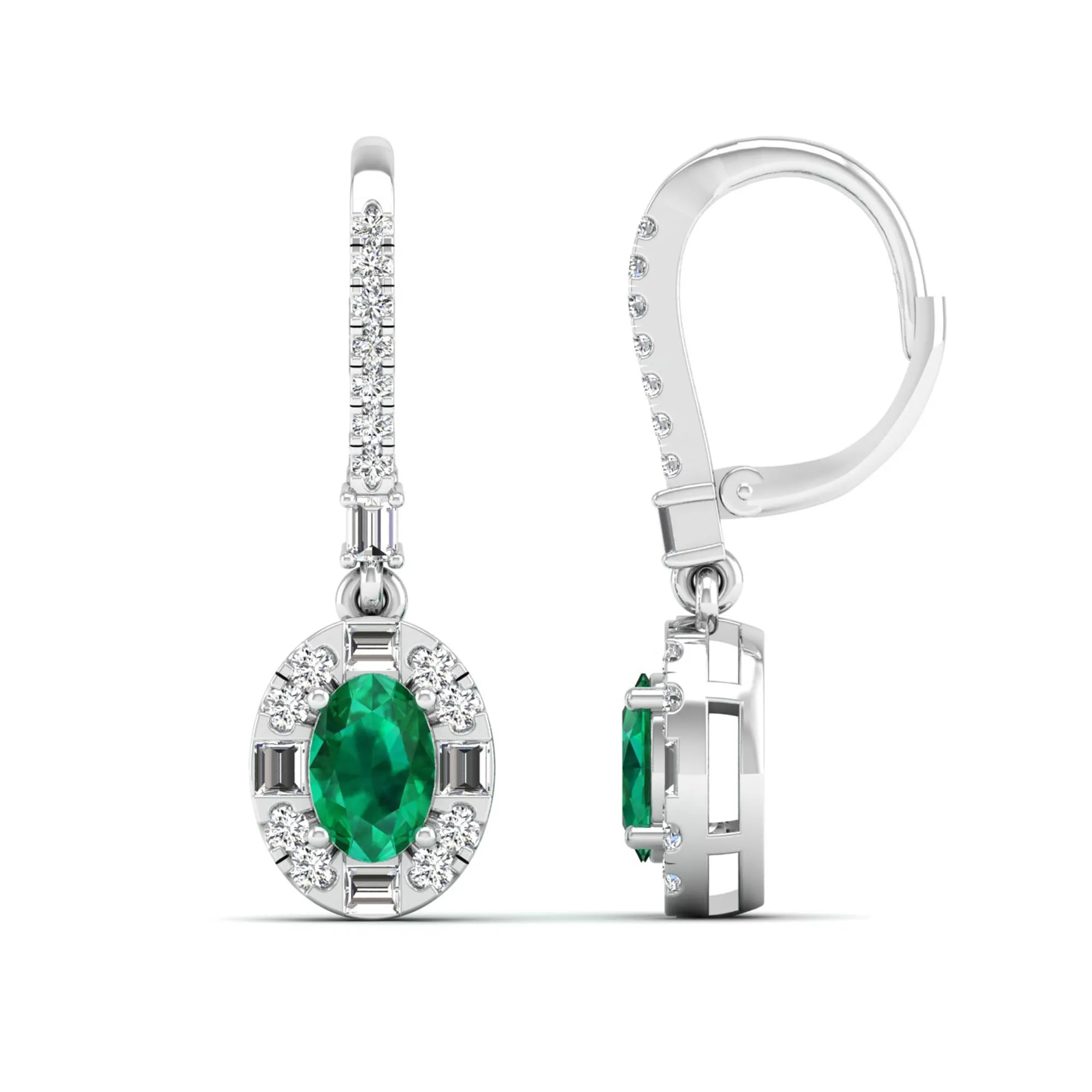 Oval Emerald Halo Baguette and Round Diamond Dangle Earrings