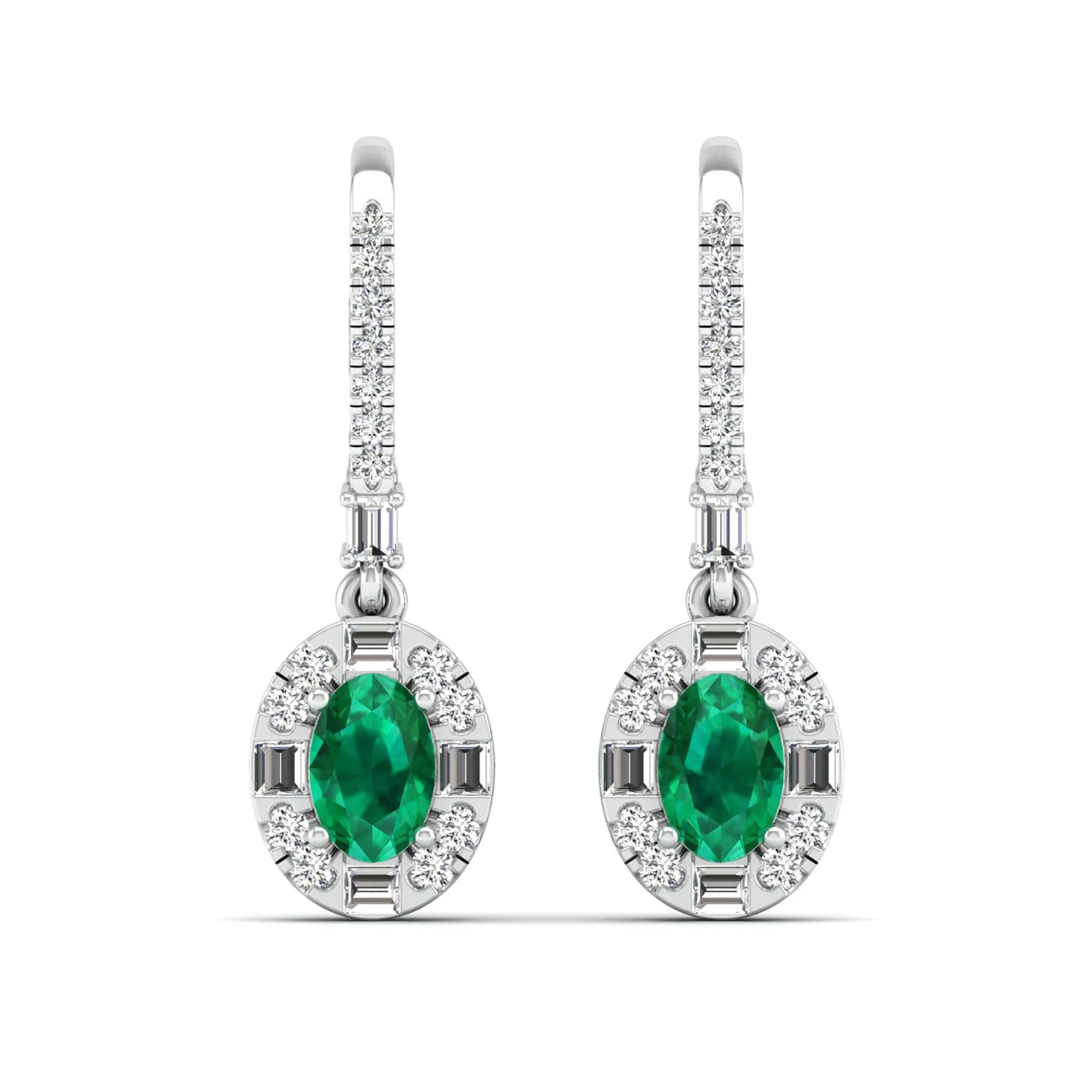 Oval Emerald Halo Baguette and Round Diamond Dangle Earrings
