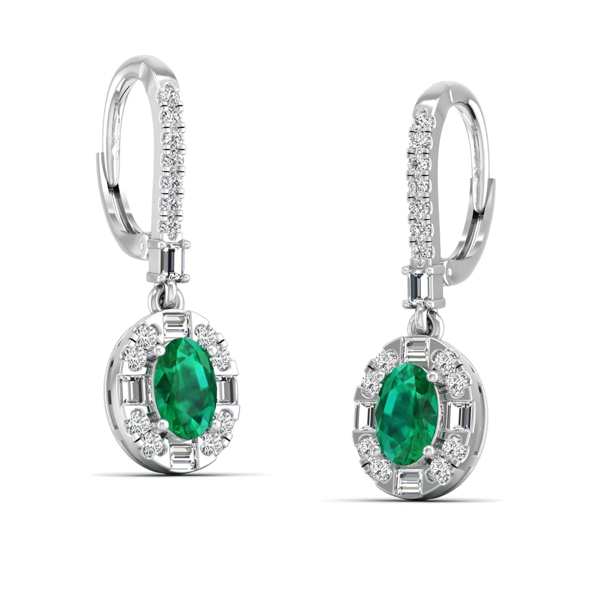 Oval Emerald Halo Baguette and Round Diamond Dangle Earrings