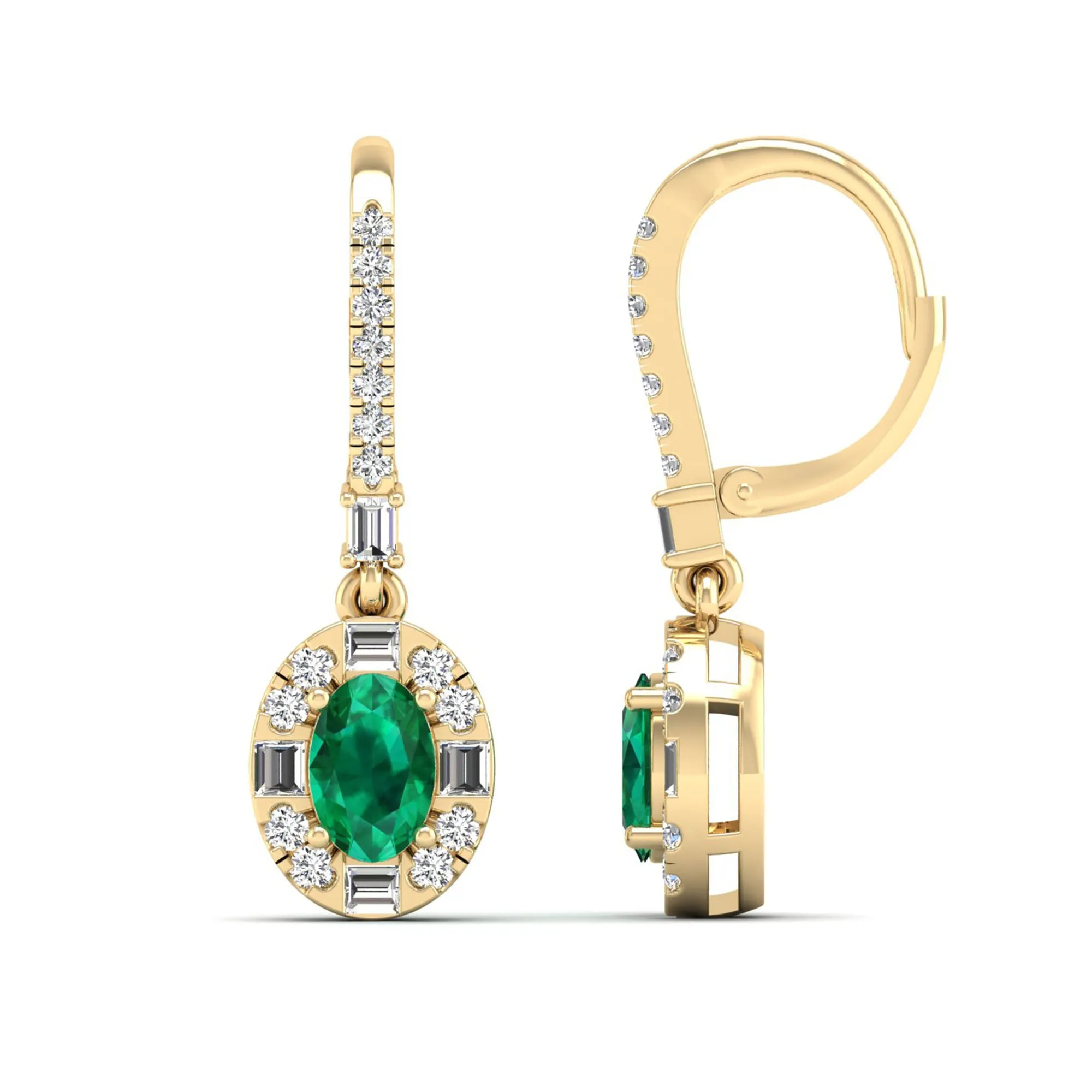 Oval Emerald Halo Baguette and Round Diamond Dangle Earrings