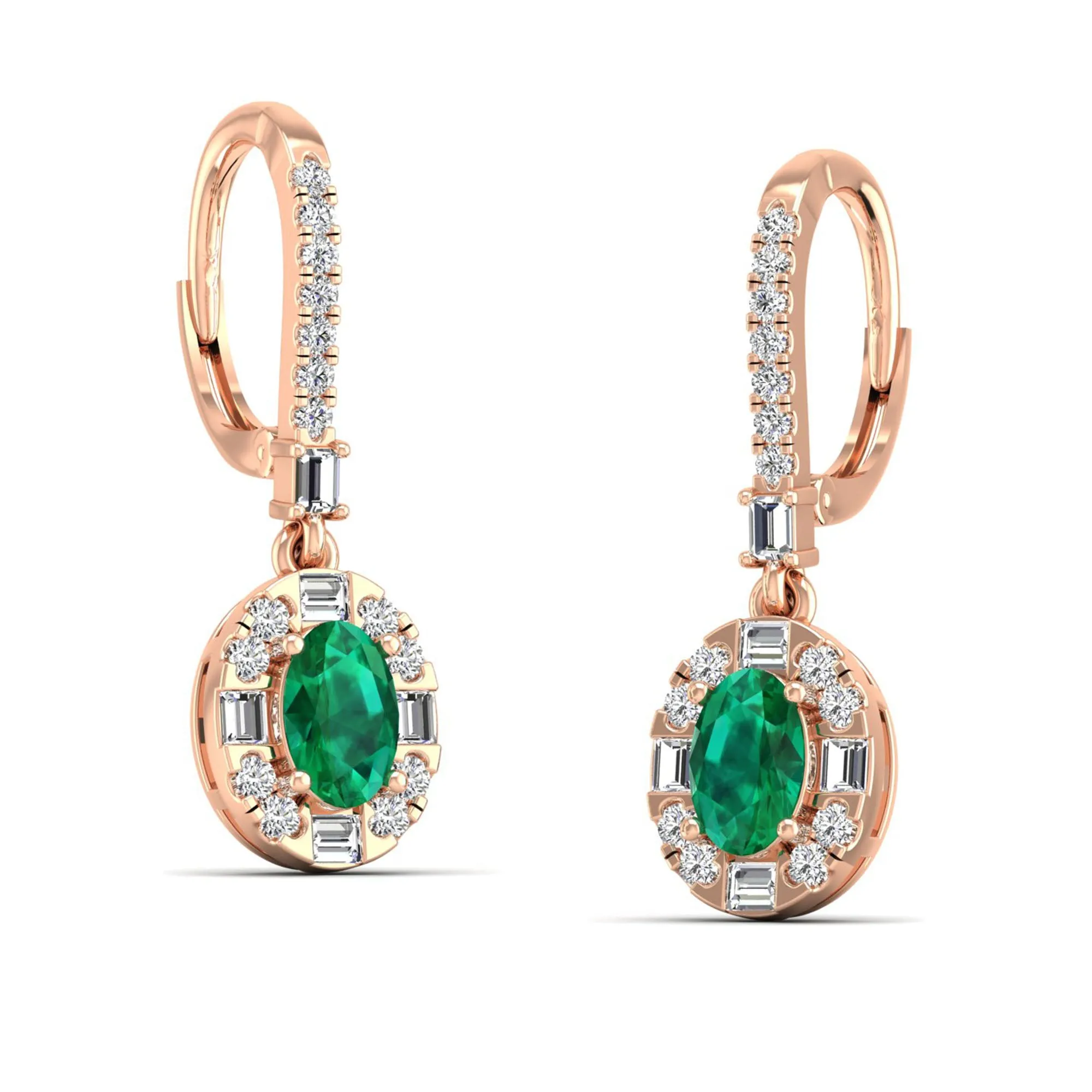 Oval Emerald Halo Baguette and Round Diamond Dangle Earrings